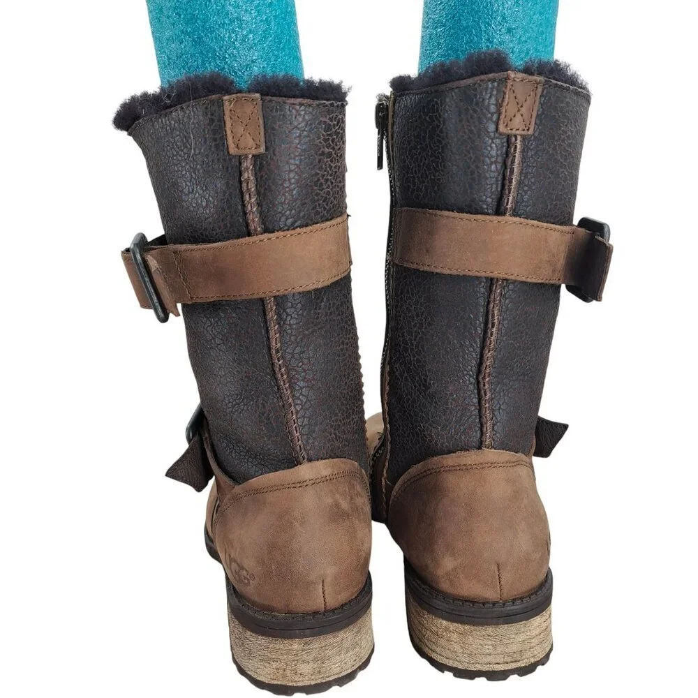 Ugg Oregon Brown Leather Waterproof Boots Size 7.5 Shearling Fur Moto Buckle